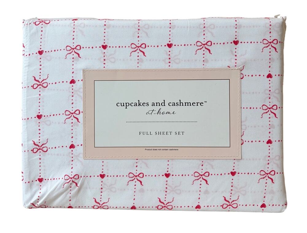 Cupcakes & Cashmere Checkered Bow FULL Sheet Set Chic Pink & White Bedding NEW